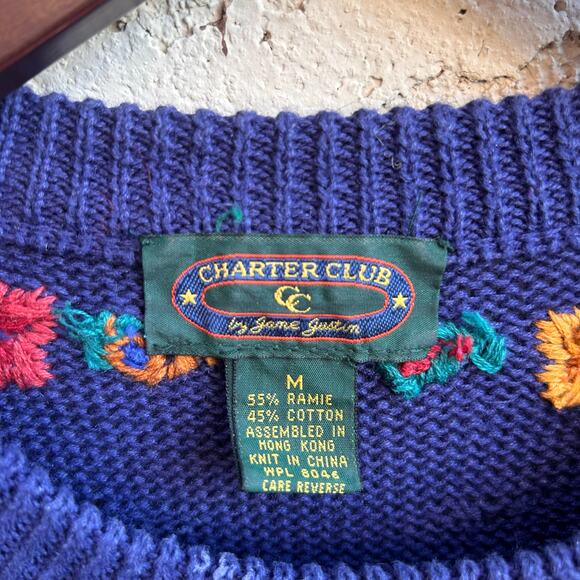 Charter Club Vintage Flower Knit Short Sleeve Sweater Size Medium - Picture 4 of 5